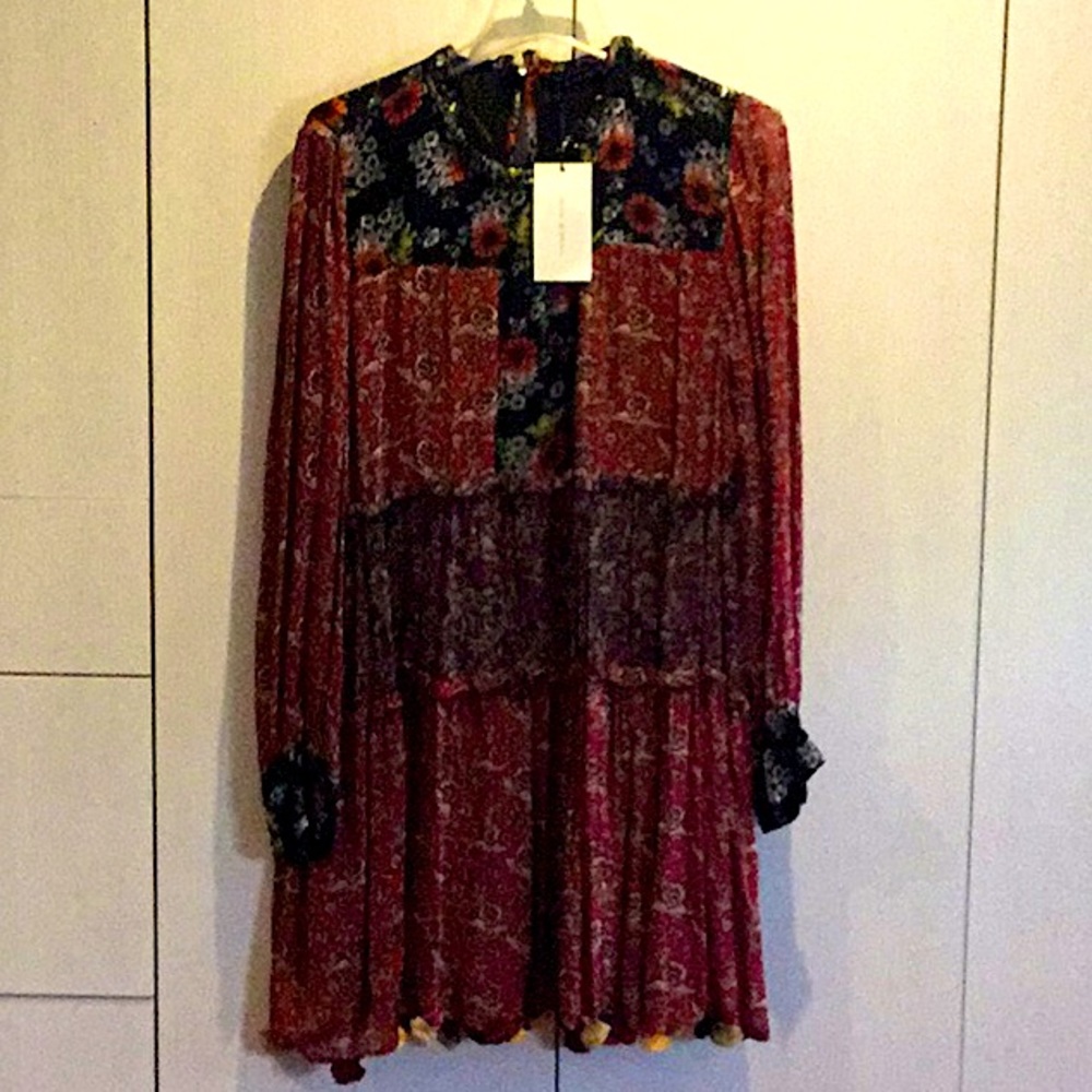 NWT ZARA Woman Boho dress with metallic thread detail and Pom Pom hem